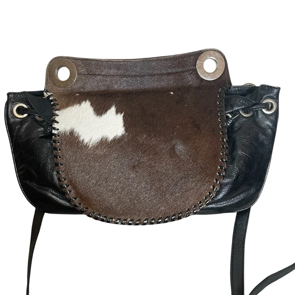 Black Leather Brown‎ White Cowhide Boho Purse Mondrina Handbag Western Cowgirl